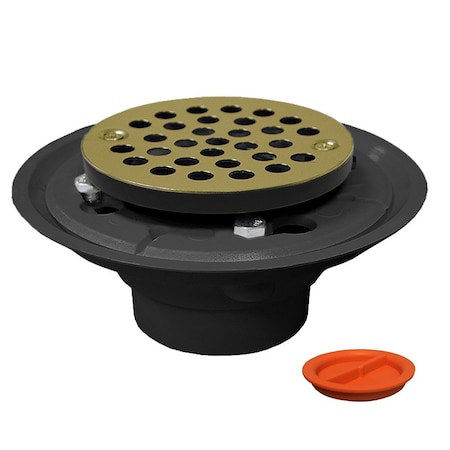 Jones Stephens 2inX3in PVC Shower Drain with 2in PVC Spud and 4in Round Polished Brass Strainer with Test Plug D50002TP